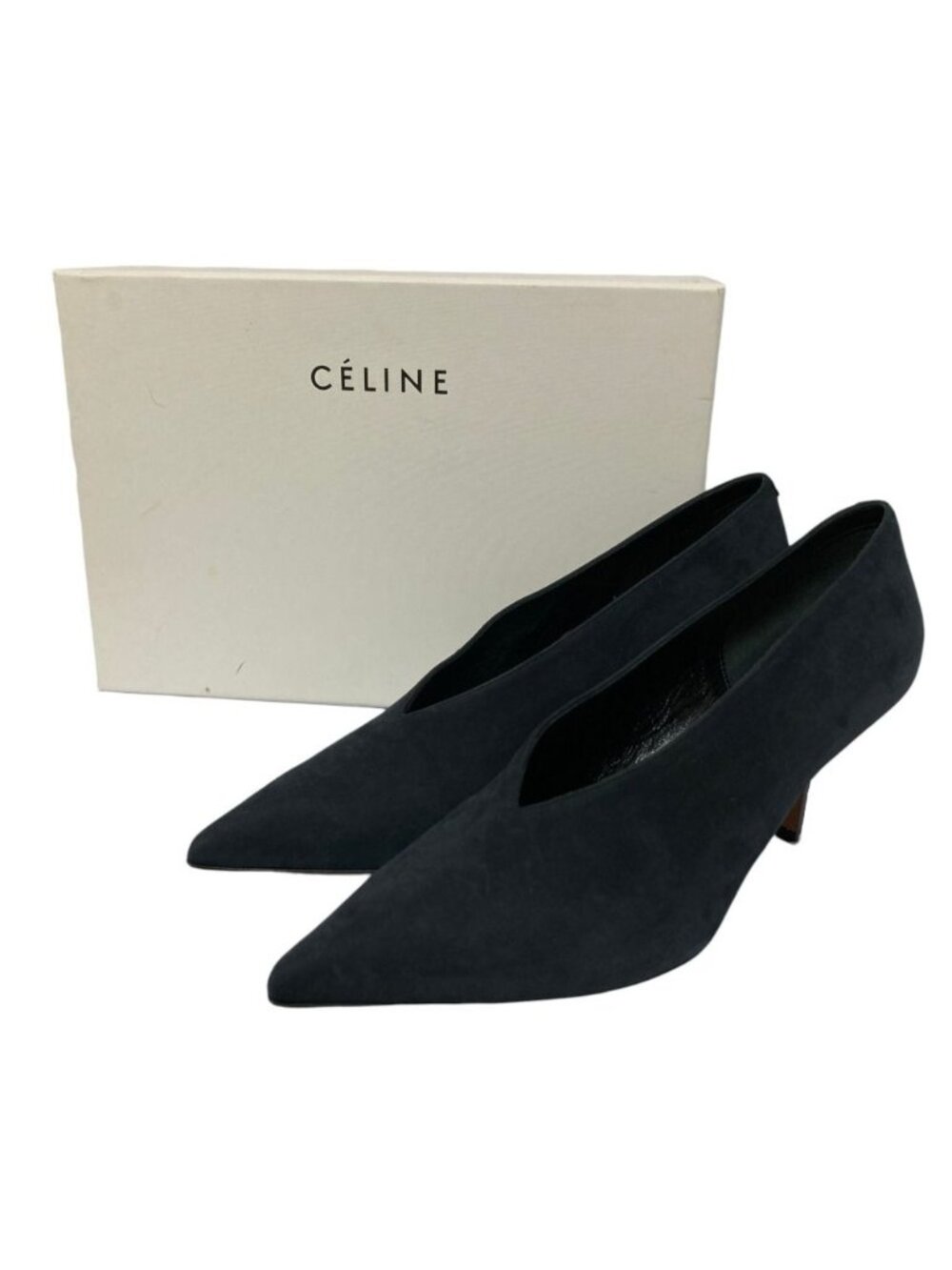 Celine Phoebe Philo Era Nubuck Leather Cut Pointed Toe Pumps Navy